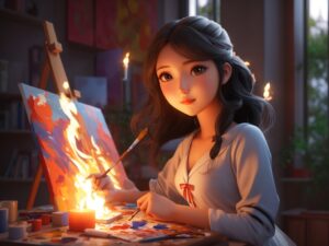 girl painting in full fire mode, junnon