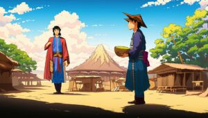 two strangers standing in front of a hut. stranger gives moral to the farmer