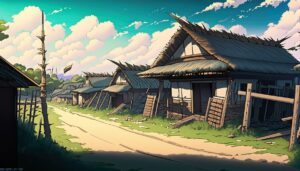 a picture of a village with huts on the side of the road. story of drought village