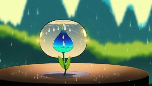 a flower in the rain with a mountain in the background.  story of seed and plant