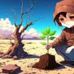 a boy is planting a tree in the desert.