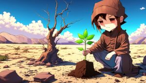 a boy is planting a tree in the desert. 