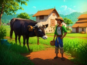 
a farmer man standing next to a cow in front of a village. ,farmer story
