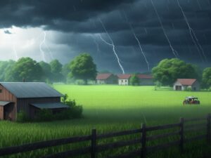 a stormy scene with a farm and a tractor. raining farming