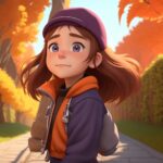 a girl in an orange jacket is walking down a path. life of maya