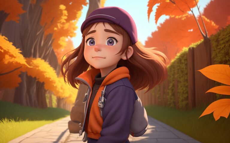 a girl in an orange jacket is walking down a path. life of maya