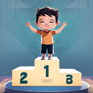 boy winning and stand in podium